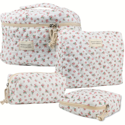 Makeup Bag Set 4-Piece Quilted Floral Rose Design Cosmetic Organizer Bag Coquette Aesthetic Cotton Travel Toiletry Pouch for Women Girls Vanity Bathroom