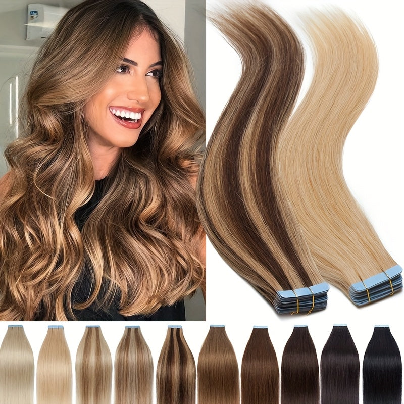 10pcs (10pcs Each) Brazilian Remy Human Hair Tape-In Extensions - Natural Straight Hair 12" 14" 16" 18" 20" 22" 24" Lengths, Invisible Tape-In Weft, 100% for Men &, Blonde/Brown/Blonde Ombre Highlights (Seamless Blending