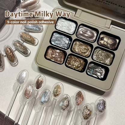 Fairy Powder Nail Art Gel Set 9 Colors - Nine-Grid Special Effect Milky Way Galaxy Gel Polish Alcohol Free UV LED Soak Off - Long Lasting Glitter Nail Gel for Salon & Home DIY Women