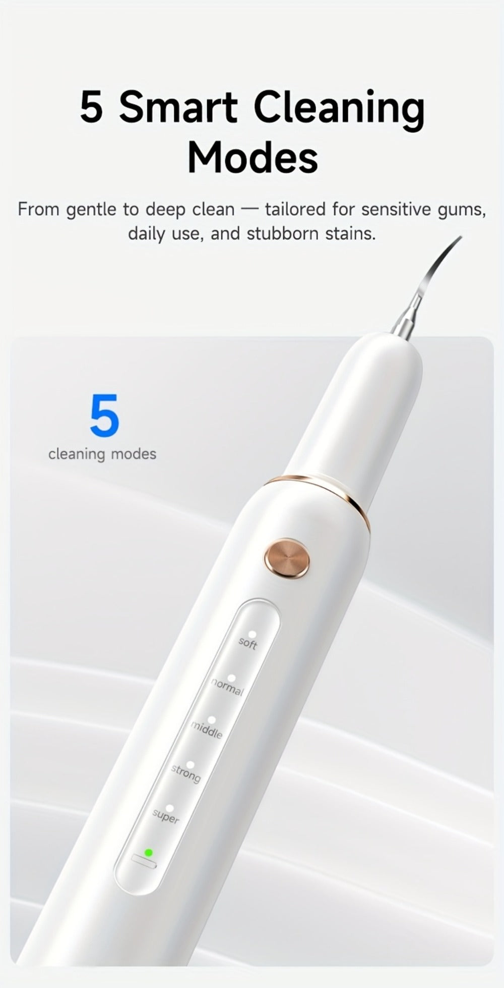 Rechargeable Tooth Cleaner with 5 Speed Modes, IPX6 Splash-Resistant, USB Charging, Mirror And 2 Interchangeable Tips, Tartar Cleaner for Clearing Gaps, Dental Cleaner with LED Light, Dental Cleaner for Stains And Tartar Removal