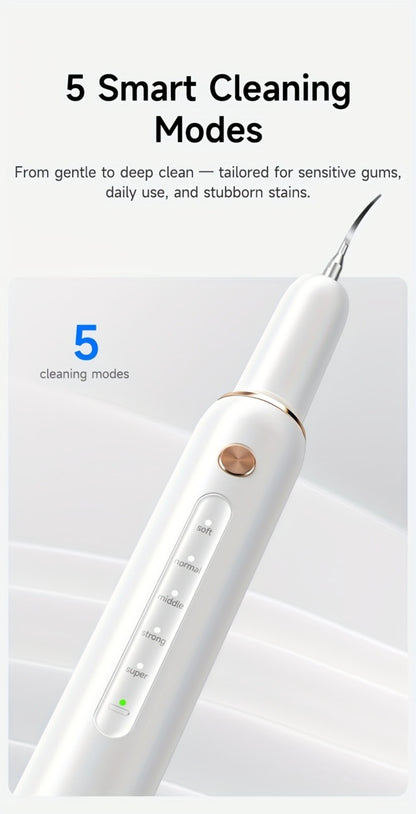 Electric Tooth Cleaner 5-Speed Ultrasonic Tartar Remover USB Rechargeable IPX6 Waterproof Dental Scaler with LED Light Mirror 2 Tips Plaque Stain Removal Tool for Home Oral Care