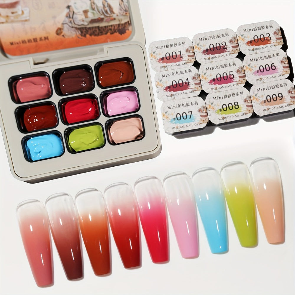 MORDDA Nine-Grid Tea Brewing Around The Stove 9pcs/Set---Autumn And Winter New Nail Polish Glue 9pcs/Set Firm And Durable Pat Glue Gradient Effect Christmas Nail Art Gift Nail Salon Nail Art