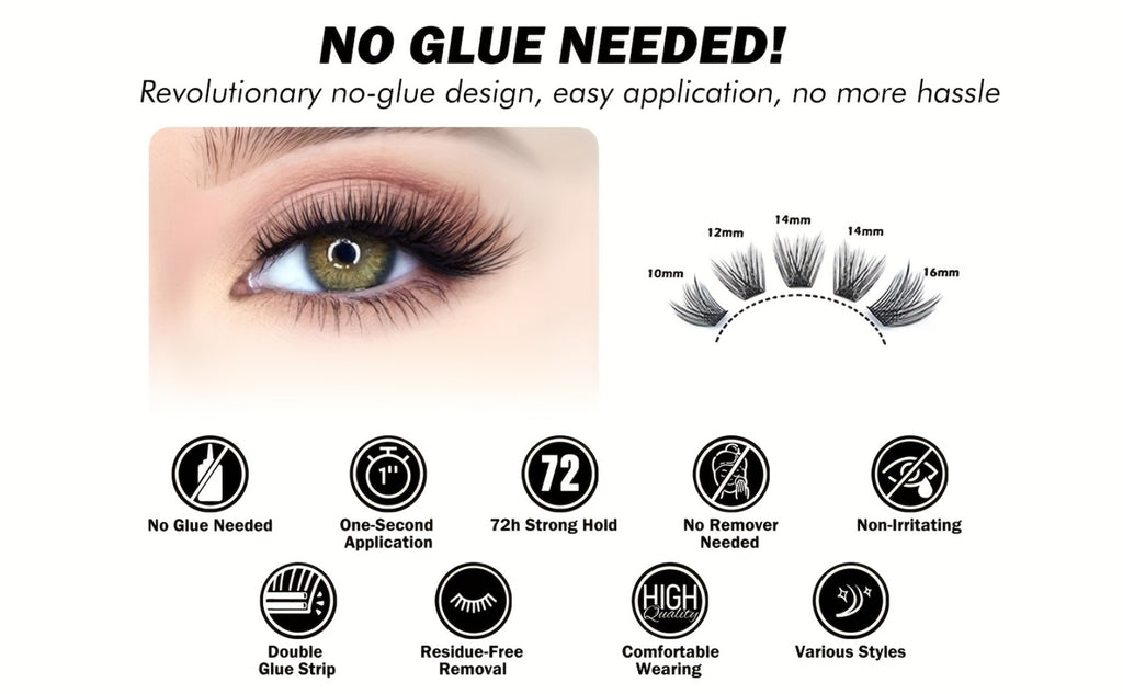 Self Adhesive Eyelashes, 156pcs Self Adhesive Eyelash Clusters, No Glue Needed, Invisible 2-Strip Tape - Longer Lasting, No Sticky Residue Pre Glued Eyelashes (Volume-Mixed)
