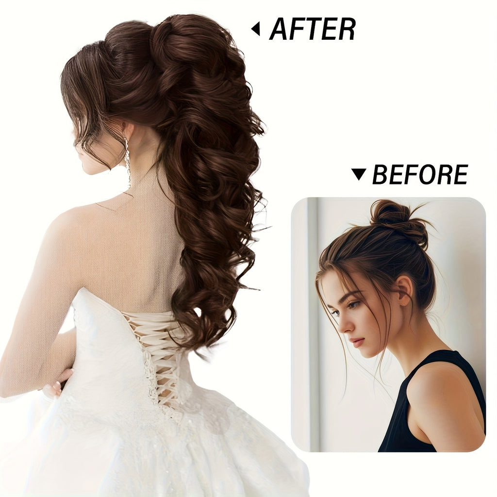 Elegant Curly Wave Ponytail Extension - Synthetic Heat-Resistant Hairpiece for Women, Dark Brown to Blonde Gradient, Voluminous Scroll Curls, Perfect for Daily Wear & Special Occasions