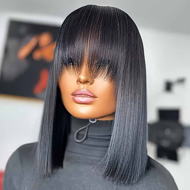 Natural Look 250% Density Straight Human Hair Wig with Bangs - Full Machine-Made Wigs Suitable for Daily Wear, Parties & Festivals - Comfortable Wearable Hair