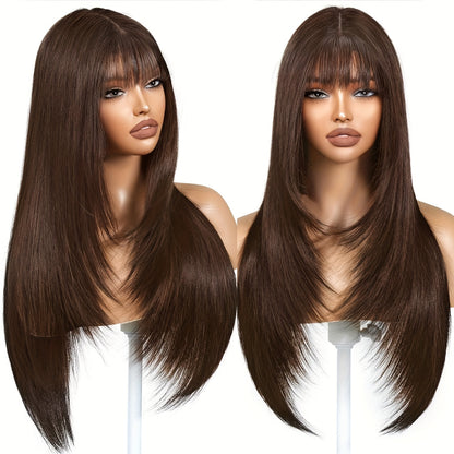 Lace Front Wig with Curtain Bangs Glueless Long Straight Synthetic Wig 26 Inch Pre-Bleached Lace Realistic Scalp Natural Hairline Multi-Color Women Daily Wear