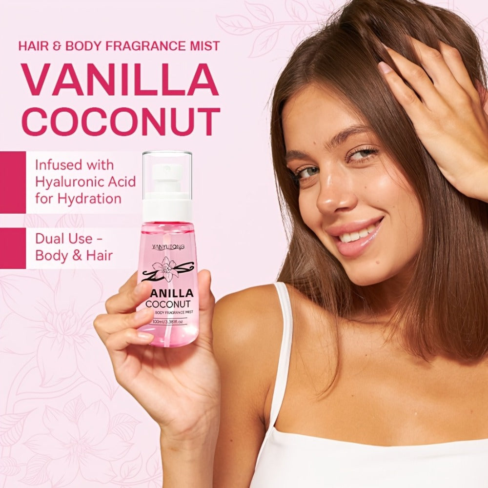 Coconut Vanilla Fragrance Mist Hair & Body Spray Alcohol-Free Vitamin E Argan Oil Glycerin Moisturizing Long-Lasting Floral Scent for Women 100ml Gift