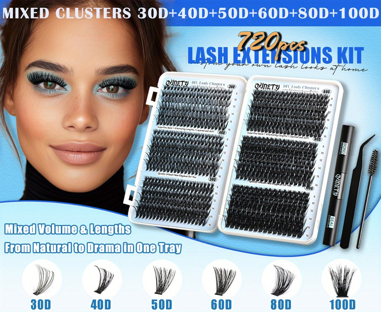 720pcs, 30D-100D Eyelash Extension Kit with Glue & Tweezers - 6 Styles/ Lengths, Lightweight Long-Lasting Cluster Lashes, No Irritation, 100% Handmade for Natural/ Volume Look