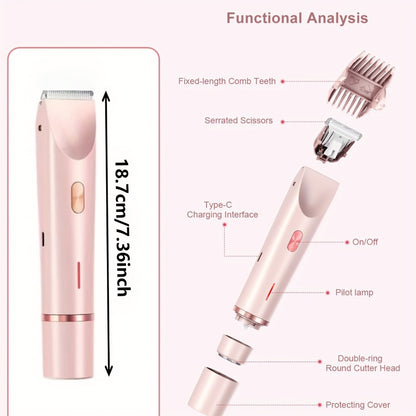 Electric Hair Removal Shaver 2-in-1 Dual Head - USB Rechargeable Epilator with Stainless Steel Blades for Face Body Legs Bikini Line Underarms & Intimate Areas - Women's Cordless Shaver Pink Purple Blue