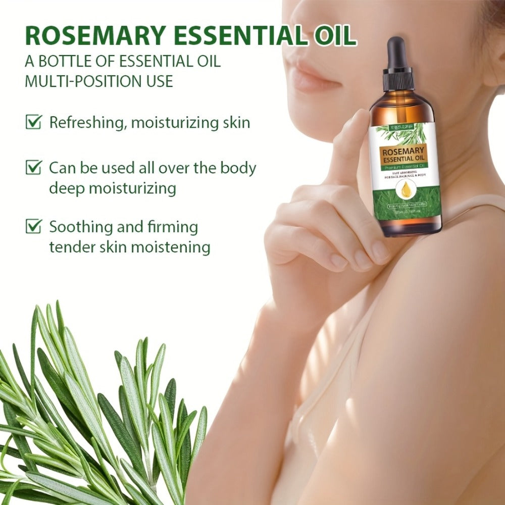 Rosemary Essential Oil for Hair Growth & Skin Care — Treats Split Ends, Enhances Eyebrows & Eyelashes, All Hair Types, Face & Body Bath Oil 3.38oz