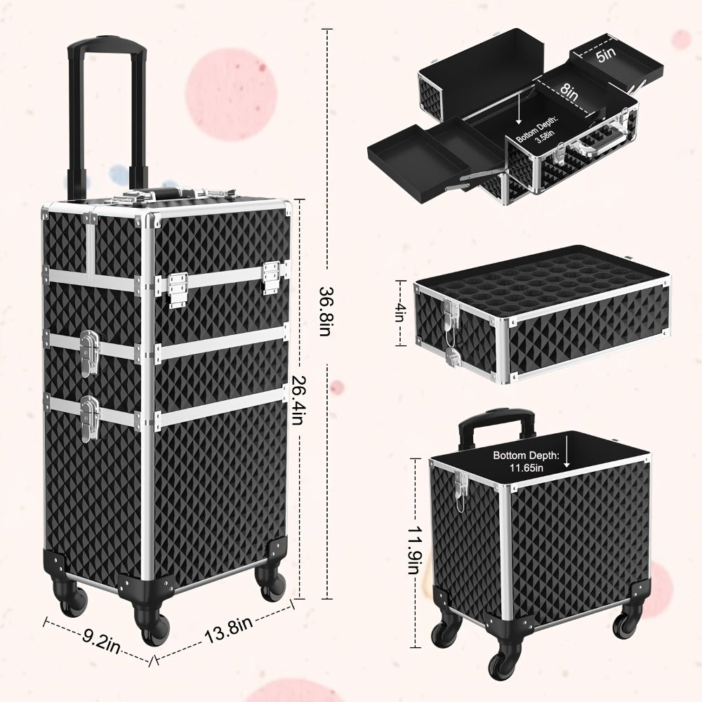 Rolling Makeup Train Case with Makeup Sponges Set, Large Storage Cosmetic Trolley 3in 1 Large Capacity Trolley Makeup Travel Case with Key Swivel Wheels Salon Barber Case Traveling Cart Trunk