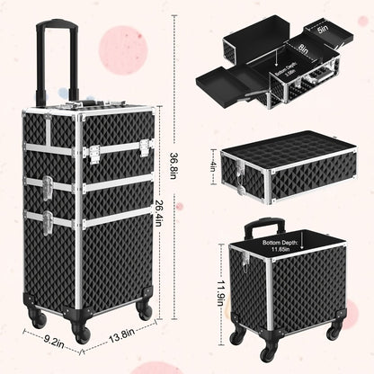 Rolling Makeup Train Case 3-in-1 Large Capacity Cosmetic Trolley with Swivel Wheels Lock Key Makeup Sponges Set Salon Barber Travel Cart Trunk for Professional