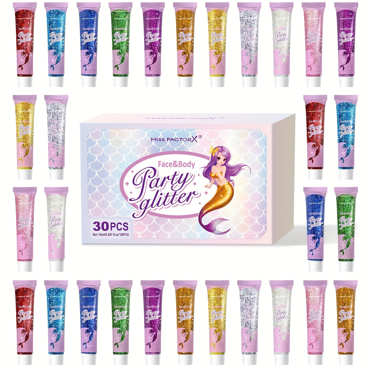 30pcs/box Face Glitter, Body Glitter, Transparent White Glitter Gel, Hair Glitter Gel, Various Shapes Colorful Glitter, Mermaid Sequin Makeup, Face Painting, Women'S Thick Shiny Glitter Gel Gift Se