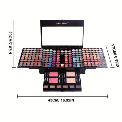 Makeup Palette Kit 190 Colors by MISS ROSE – 4-in-1 Full Face Set with Eyeshadow, Blush, Powder & Eyebrow, 8 Brushes & Mirror, Professional Makeup Kit for Women, Girls & Beginners