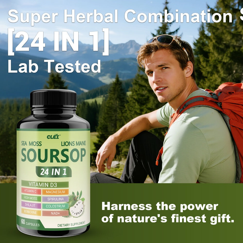 Soursop Graviola Capsules - Laboratory-tested Advanced Ingredient Blend - 24IN1 = Digestion, GUT Health, Provides Antioxidant Benefits for Man and Woman. - 60 CAPSULES
