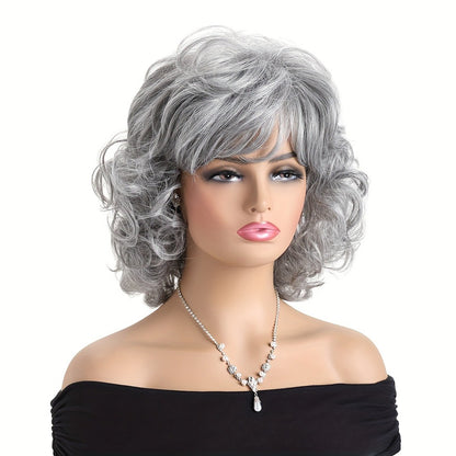 Curly Wig with Slanted Bangs Short 14 Inch — Heat Resistant Synthetic Rose Net Cap, Grey Mixed Dark Brown Light Brown Colors for Women Daily Wear Halloween Festivals Cosplay