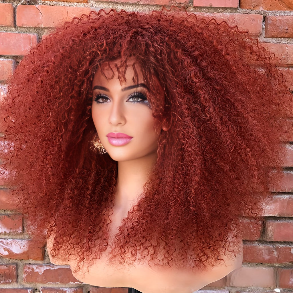 Afro Bomb Curly Wig with Bangs Synthetic Fiber Glueless Long Kinky Curly Hair Wigs, Machine Made Glueless Heat Resistant Synthetic African Wig Ombre Blonde Mixed Color Afro Wigs with Highlight Brown Blonde Red Black Color for Choice