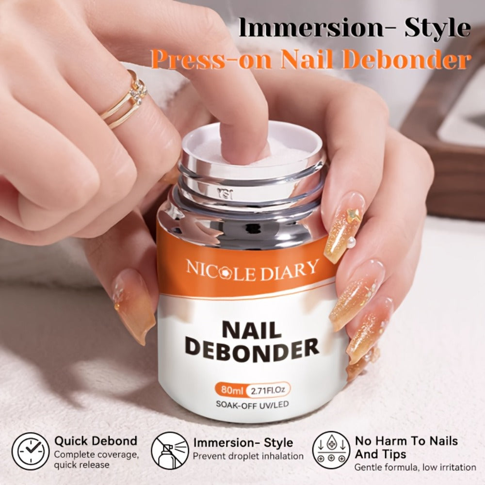 NICOLE DIARY 2.71oz Nail Debonder Remover for Press on Nails Nails Rhinestone Remover Tools Quick Remover 3-5s Soaking Liquid False Nails Tips Easy to Remove