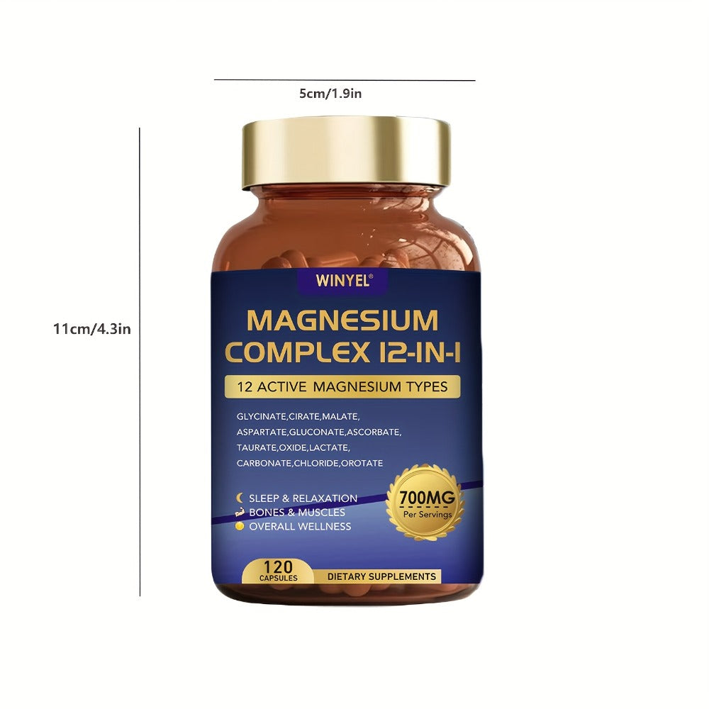 12-in-1 Magnesium Complex Supplement 700 MGwith Glycine, Citrate, Malate, Oxide, Taurine, Aspartate, And Magnesium Phosphate for Sleep, Mood, Nerve, Heart Health, Muscle Function, 120 Capsules