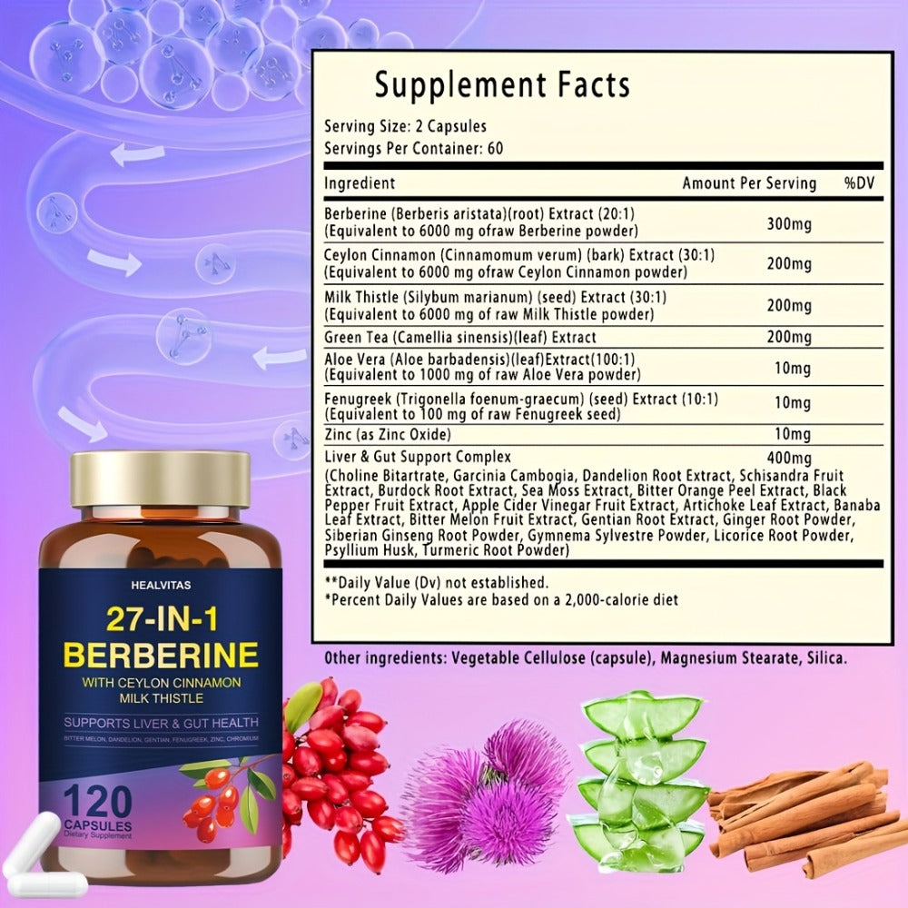 Berberine Supplemen, with Berberine Ceylon Cinnamon & Milk Thistle Green Tea Aloe Vera- Activating Natural Herbal Formula, Liver & Gut Health Support, Gluco Golden Advanced - Digestive Health Support Healthy Immune System Support.