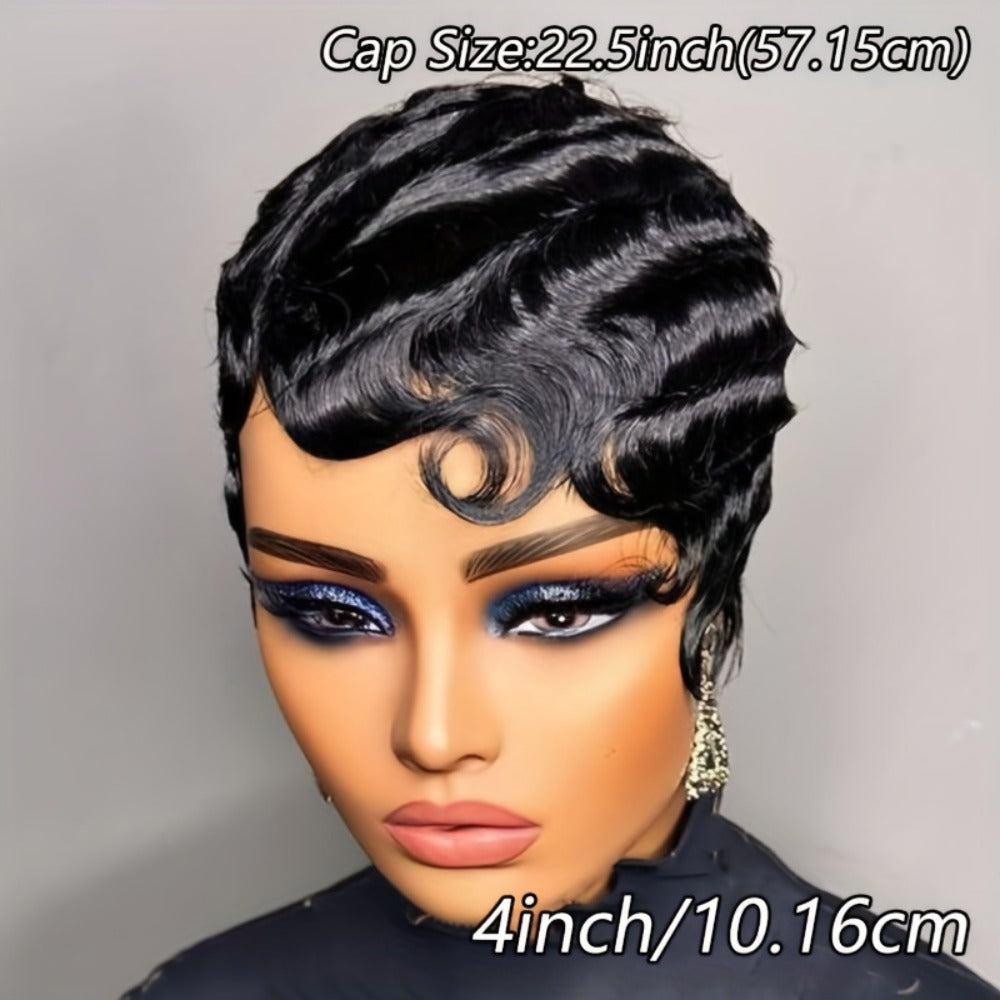 Short Human Hair Wig Pixie Cut Finger Wave Deep Ocean Wave Brazilian Virgin 180% Density Rose Net Cap Women 1B 613 Blonde Party Ready