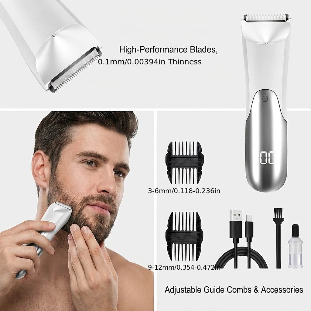 Men's Electric Groin Body Hair Trimmer Ceramic Blade USB Rechargeable Dry Wet Shaver 2 Protective Covers 500mAh Lithium Battery Valentine Father's Day Gift