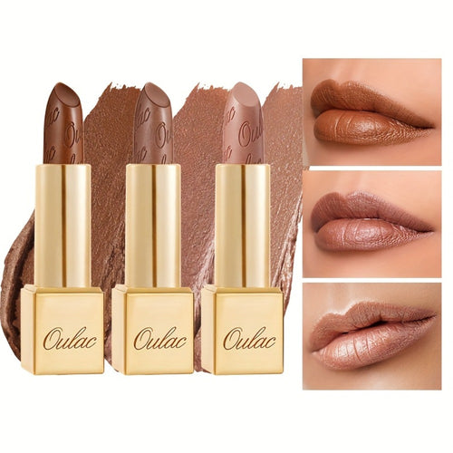 Metallic Lipstick Set 3 Pcs – 24-Hour Smudge-Proof & Transfer-Resistant Lip Color by Oulac, Lightweight Full-Coverage Lips Makeup, Long-Lasting Glossy Finish, 12.9G/0.45oz