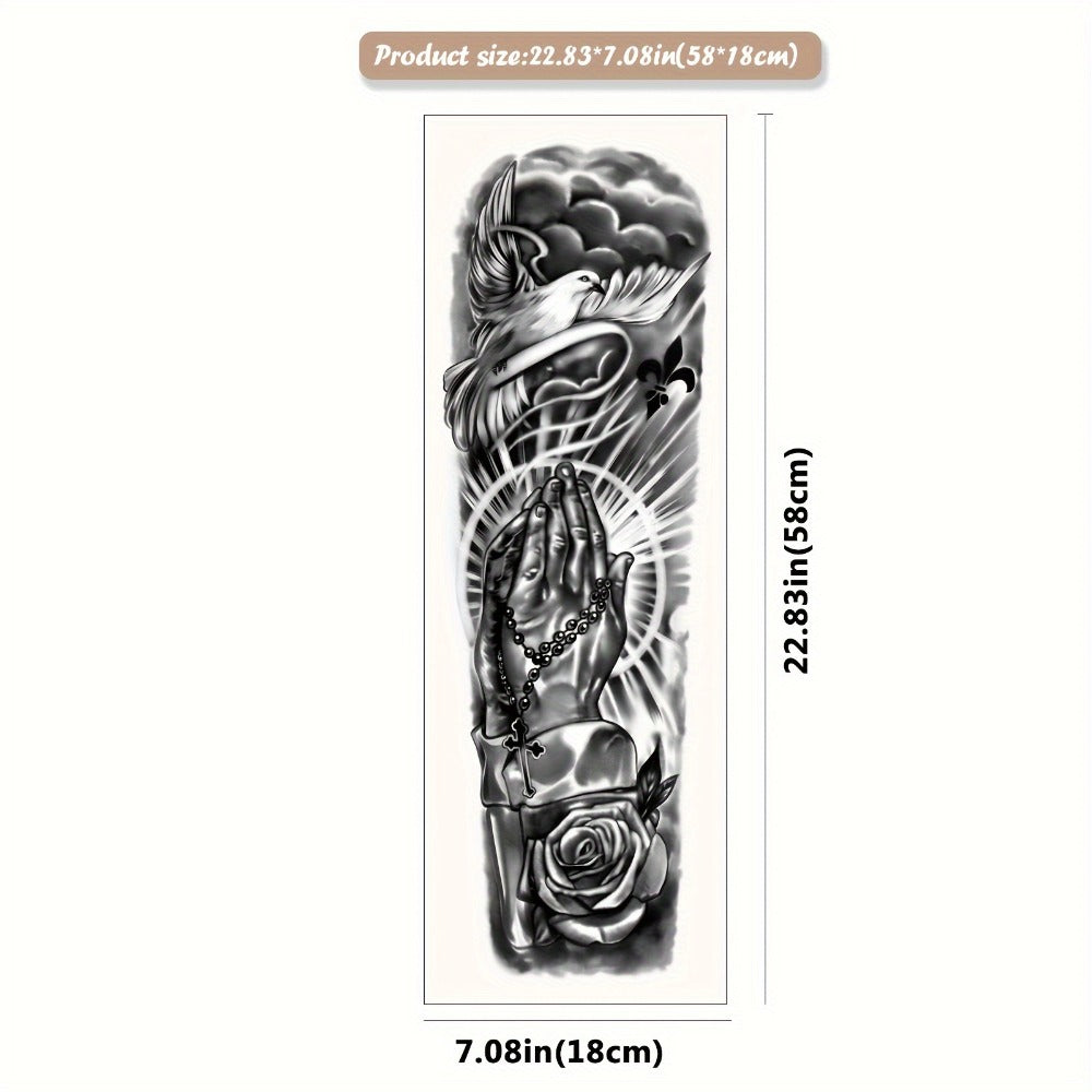 8 Sheet Large Size Black Full Arm Temporary Tattoo Stickers - Waterproof, Long-Lasting, Realistic Designs for Men & Women, Featuring Koi, Dragon, Lion, Floral & Geometric Patterns, Perfect for Street Punk Style, Tattoo Supplies
