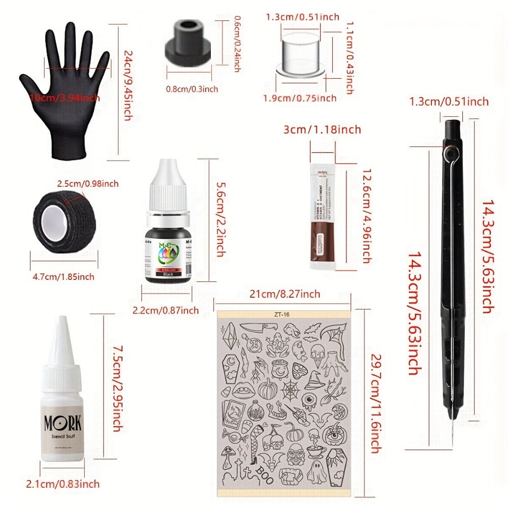 Tattoo Supplies Kit, A4 with Pattern Tattoo Transfer Paper - No Drawing Required, Stylus And Ink Pen for Beginners DIY Tattoos with Needles, Black Red Ink, Transfer Gel No Electricity Required, DIY Tattoo At Home Without Power Supply