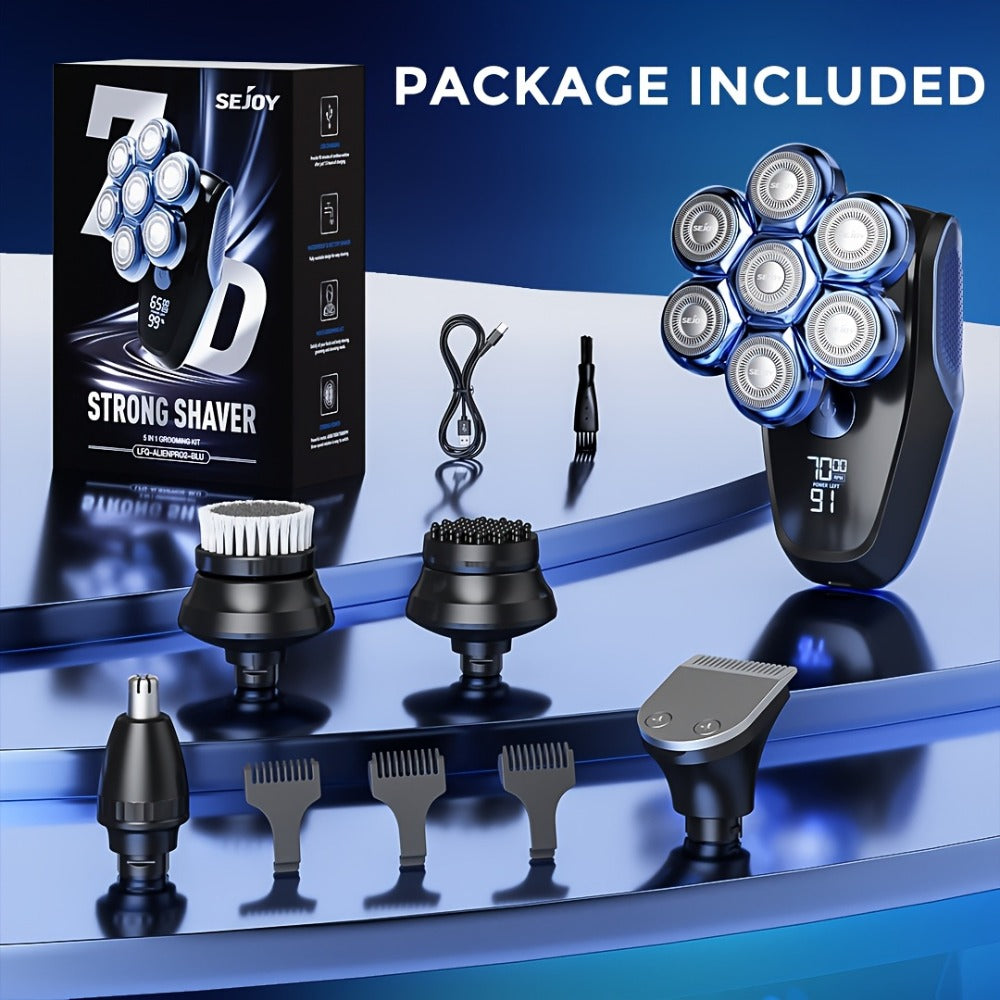 Head Shaver for Bald Men 7D Waterproof Wet Dry Electric Razor 5-in-1 Grooming Kit Type-C Rechargeable 6500-7500RPM Rotary Shaver with Nose Hair Trimmer