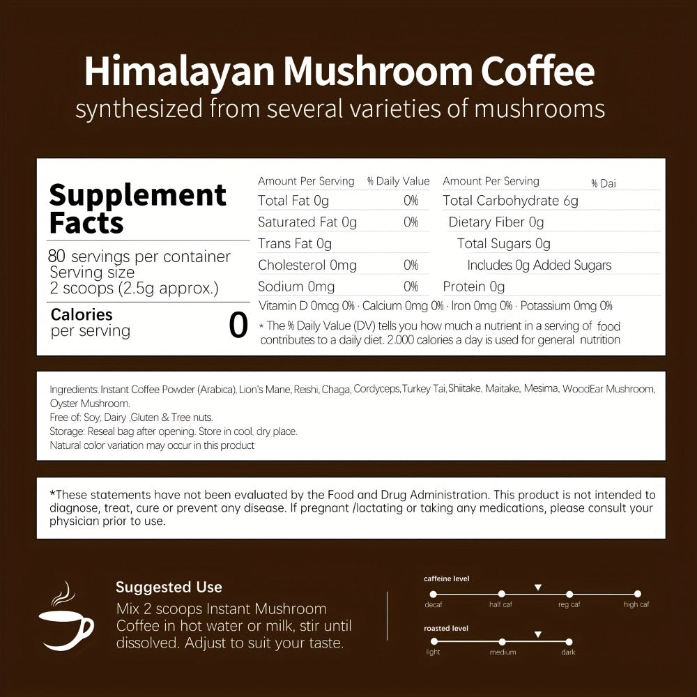 HiPlus Instant Mushroom Coffee Powder - Immune Support & Focus Booster with Arabica Coffee, Lions Mane, Chaga, Reishi, Cordyceps, Turkey Tail, Shiitake, Maitake, Gluten-Free, Soy-Free, No Fillers - Clean Energy & Mental Clarity, No Jitters - 7oz (203g)