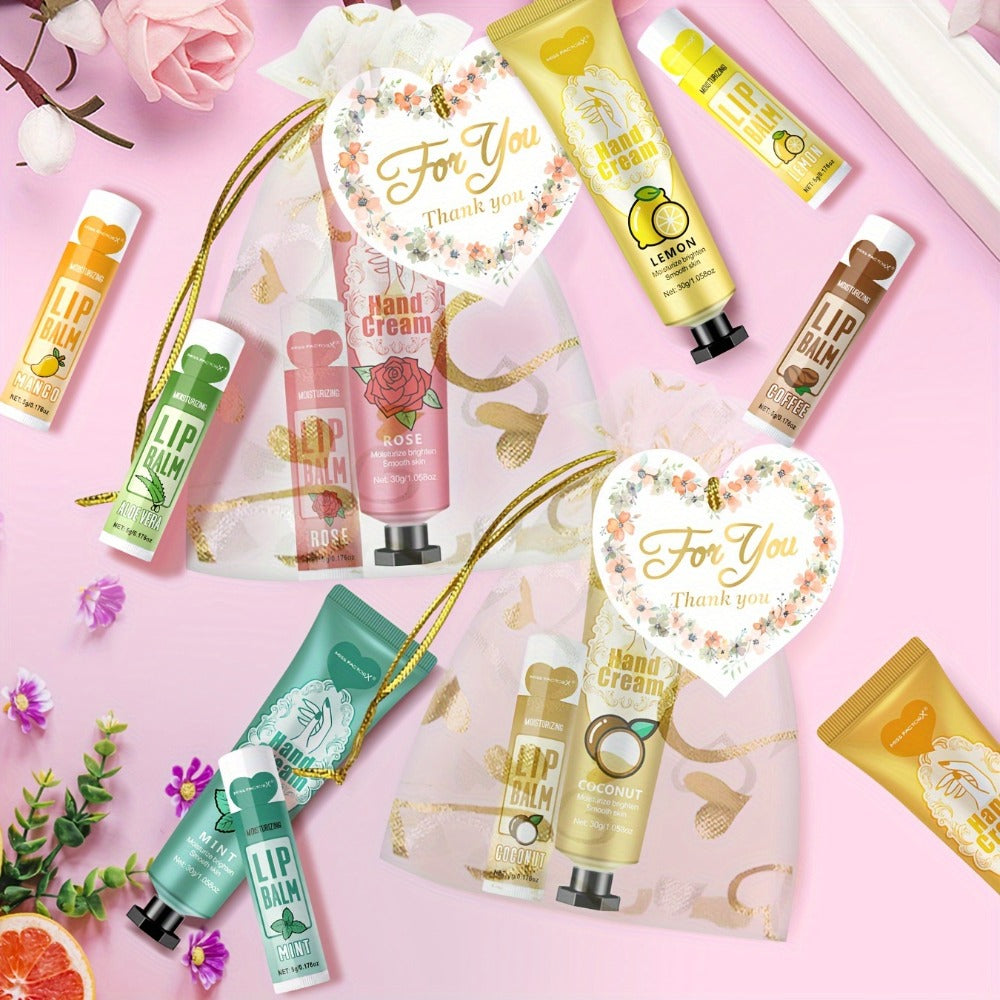 48pcs/Sets Hand Cream & Lip Balm Gift Sets - Perfect For Wedding, Friend Gatherings, Or As A Party Favor! Includes 12pcs Hand Cream, 12pcs Lip Balm, 12pcs White Heart-Shaped Hot Stamping Yarn Bags, And 12pcs Thank You Cards. Mother'S Day Gift