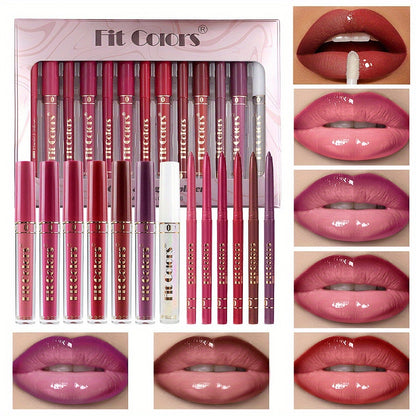 Lip Gloss and Lip Liner Set 13-Piece Matte Non-Stick Waterproof Long-Lasting Moisturizing Lip Glaze Combo Kit Beauty Gift for Women