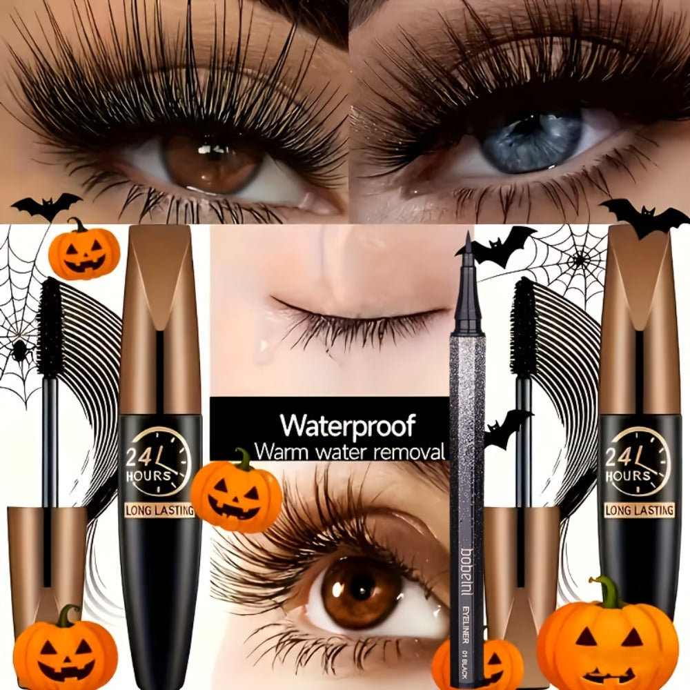 Mascara 8D Fiber Volume & Lengthening Smudge-Proof Waterproof Lash Enhancer, Long-Lasting Black Mascara Set with Eyeliner Pencil, Luxury Beauty Gift for Her