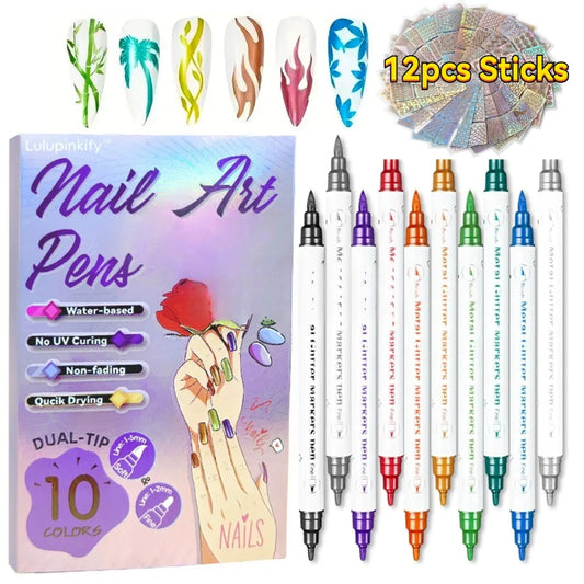 10 Color Metallic Nail Art Pens Set with 12pcs Nail Stickers| Due-Headed 3D Nail Polish Pen| Acrylic Doodle Nail Markers, Nail Paint Dot Stitching Pens, Graffiti Pens for Home Salon Nail Gift Graduation