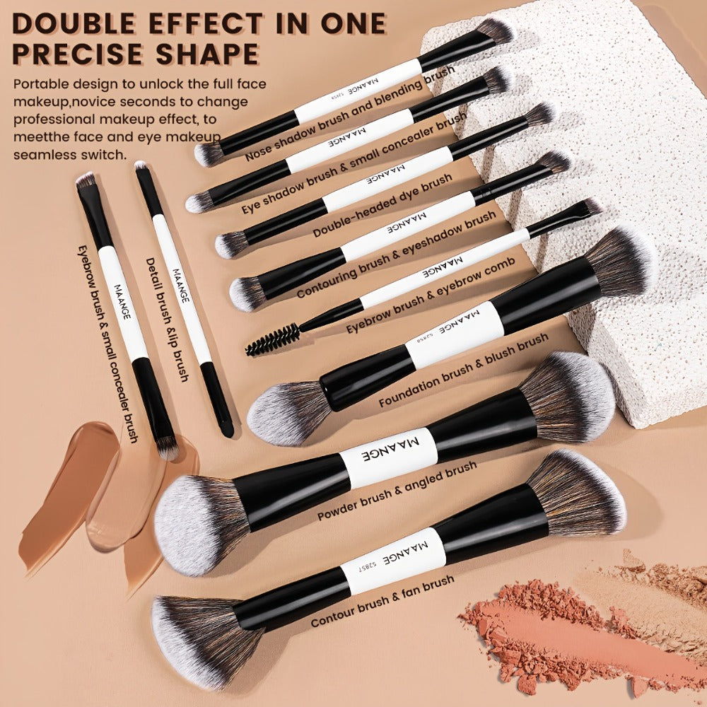 10pcs MAANGE Professional Double-Headed Blush And Eyeshadow Makeup Brush with Cosmetic Bag - Dual-Ended Facial Brush Suitable for Beginners And Pros, Soft Nylon Bristles, Non-Sticky Face, Precise Application for Powder/Products