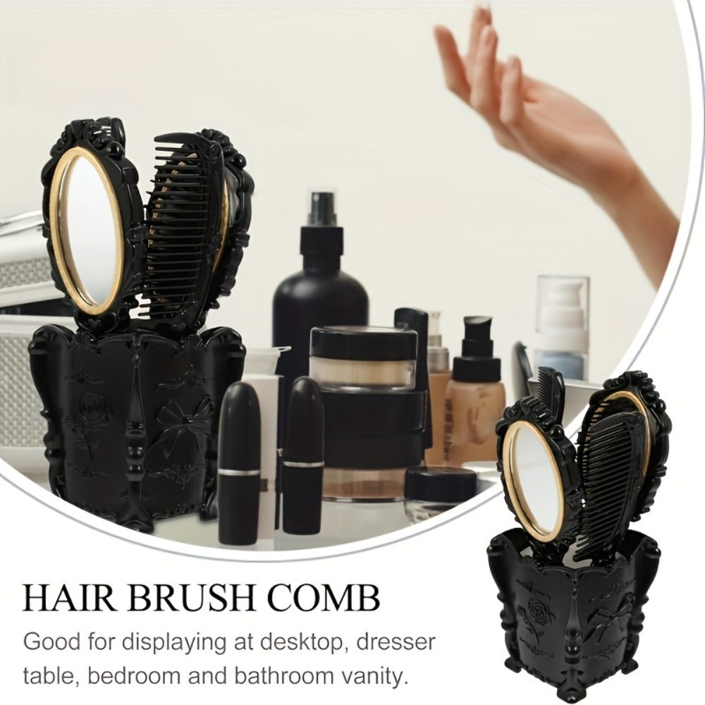 Black Mirror Comb Set, Scalp Massage Hairbrush with Mirror, Retro Hair Comb, Makeup Hair Comb