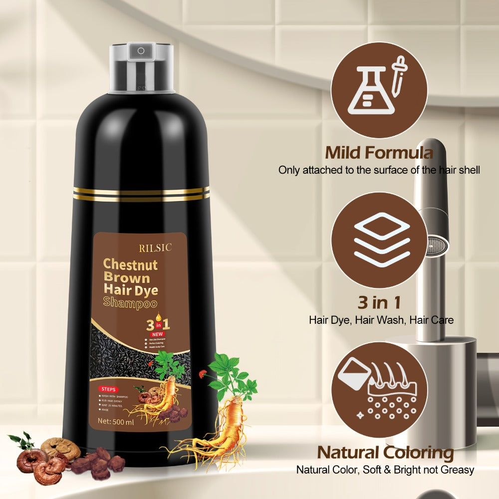 Hair Dye Shampoo 3-in-1 — RILSIC Instant Gray Coverage, Plant Squalene Natural Formula, 100% Grey Hair Color for Women & Men, 16.91oz