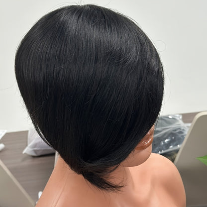 Pixie Cut Human Hair Wig with Bangs 8 Inch 200% Density Glueless Side Part Layered Straight Rose Net Cap Throw On and Go Women #1 #4 #99J Daily Party