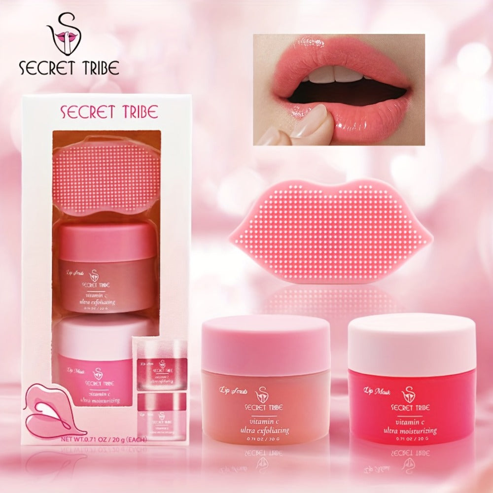 Three-Piece Lip Care Set from Secret Tribe: Includes Lip Balm, Exfoliating Scrub, And Lip Brush for Hydration, Exfoliation, And Enhancing Lip Color, Ideal for Skincare Enthusiasts with Natural Ingredients And Gentle Exfoliation