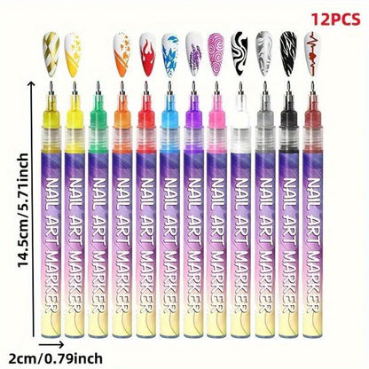 Acrylic Nail Paint Pen Set 12 Colors - Metal Rod Nylon Brush Nail Art Pens, Quick-Dry 3D Doodle Dot & Stitching Detail Pen for Home & Salon, Long-Lasting Nail Design Tools