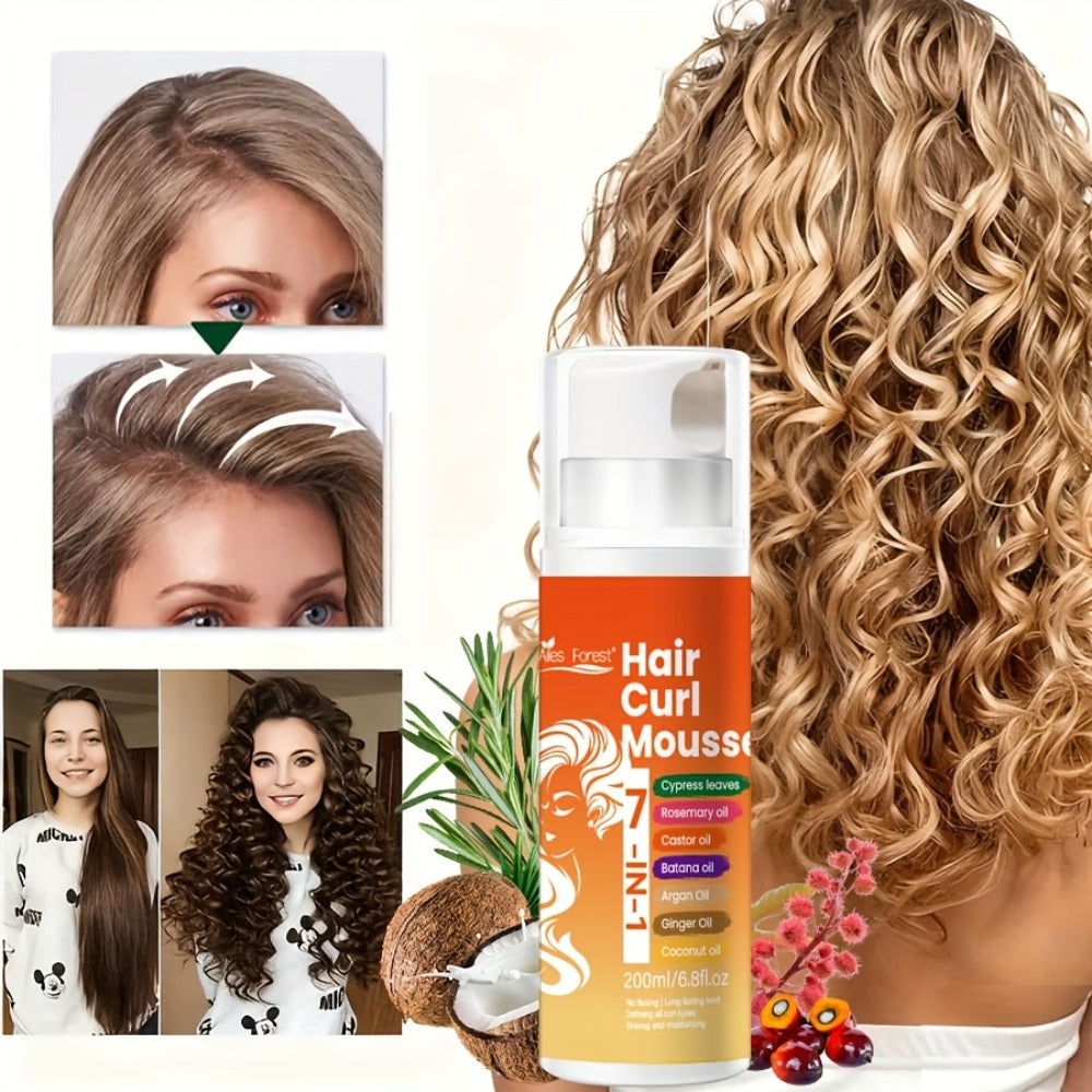 Hair Curl Mousse 7-in-1 Natural Oil Blend Long-Lasting Hold - Deep Moisturizing Smoothing Curl Defining Foam Rosemary Castor Coconut Oil Wavy Curly Hair Women Men 6.76oz
