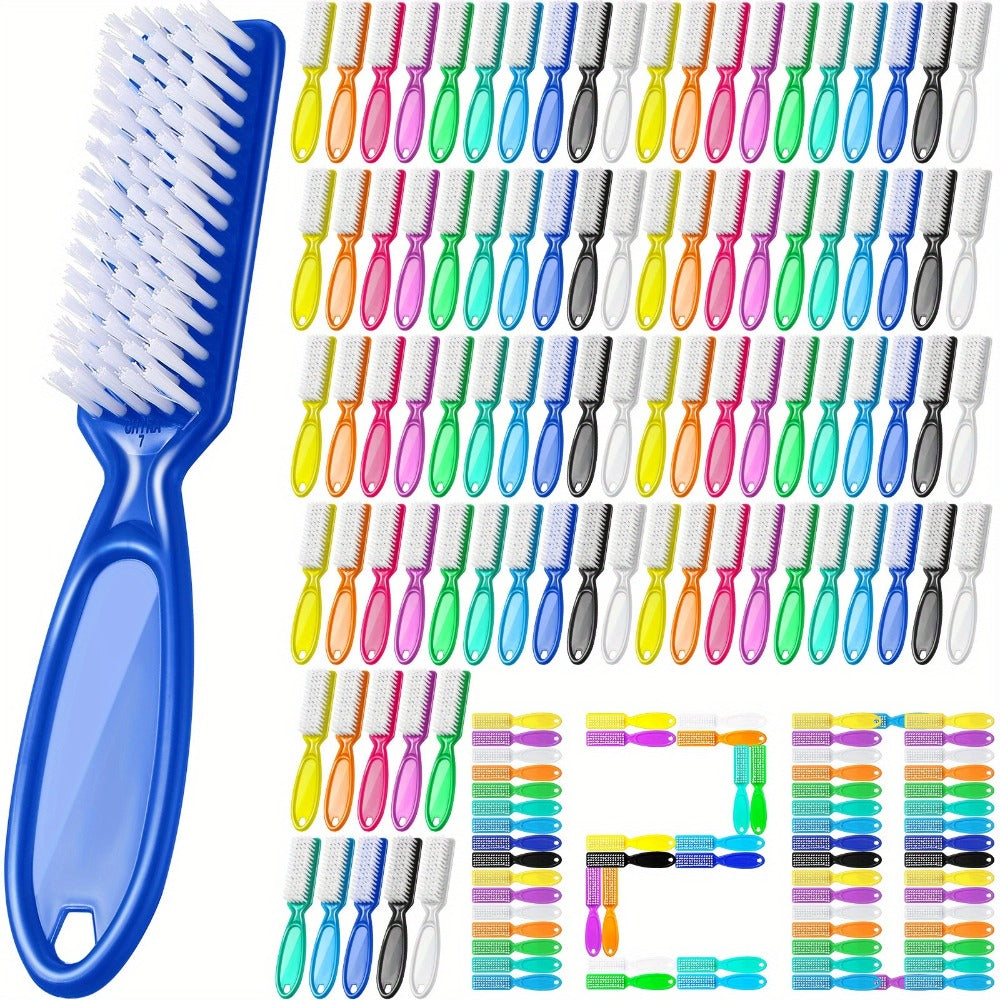 Nail Cleaning Brush Set 120pcs - Handle Grip Fingernail Scrub Brushes with Soft & Stiff Bristles, Bulk Manicure Pedicure Nail Cleaner Tools for Salon & Home, Cute Colors