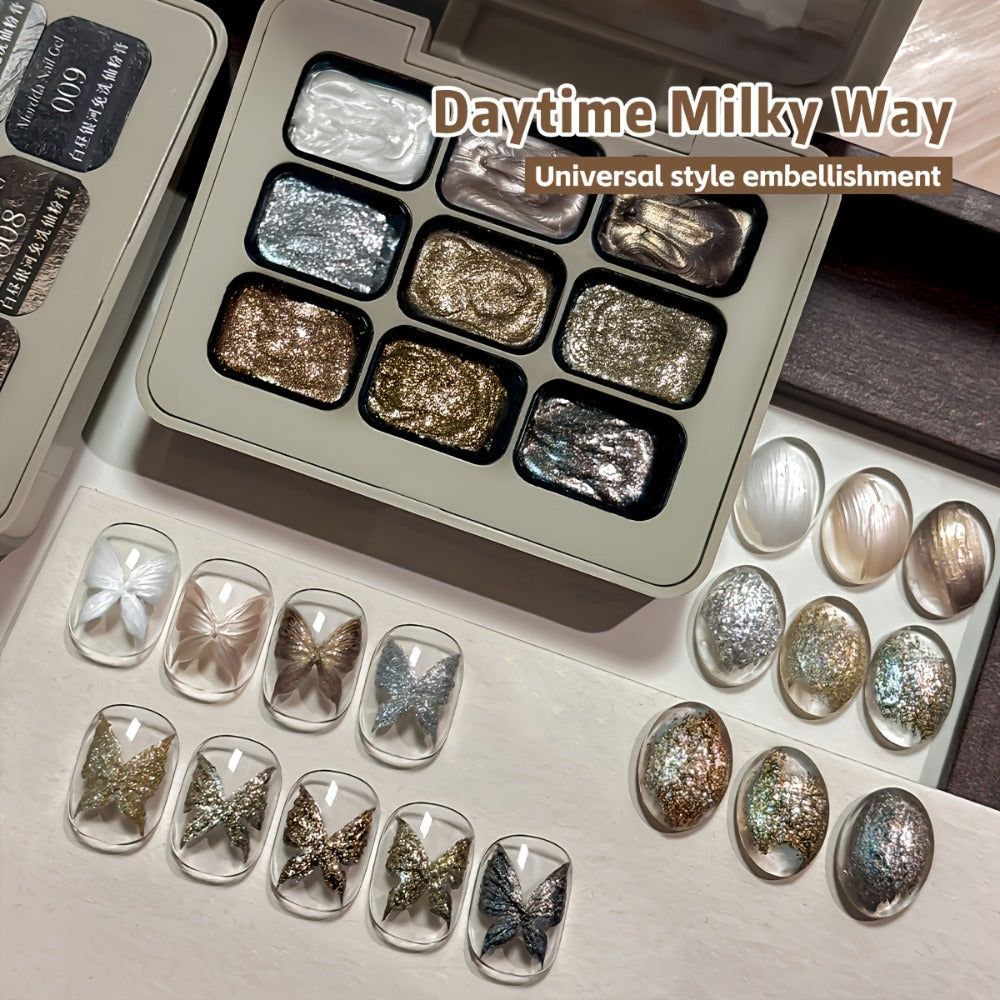 Fairy Powder Nail Art Gel Set 9 Colors - Nine-Grid Special Effect Milky Way Galaxy Gel Polish Alcohol Free UV LED Soak Off - Long Lasting Glitter Nail Gel for Salon & Home DIY Women
