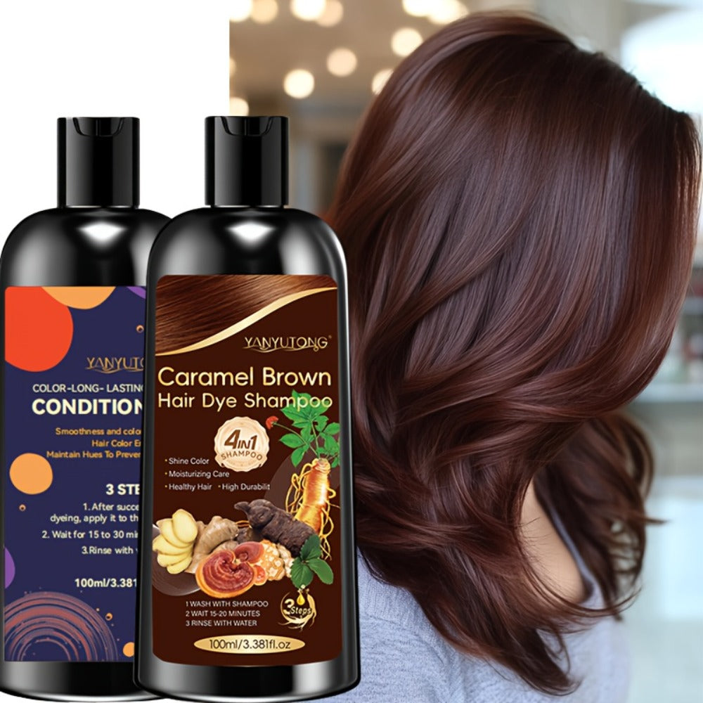 Hair Dye Shampoo and Conditioner Set — 4-in-1 Long-Lasting Hair Color with Ginger & Herbal Extracts, Gentle Gray Hair Coverage, Moisturizing Formula for All Hair Types, 3 Shades