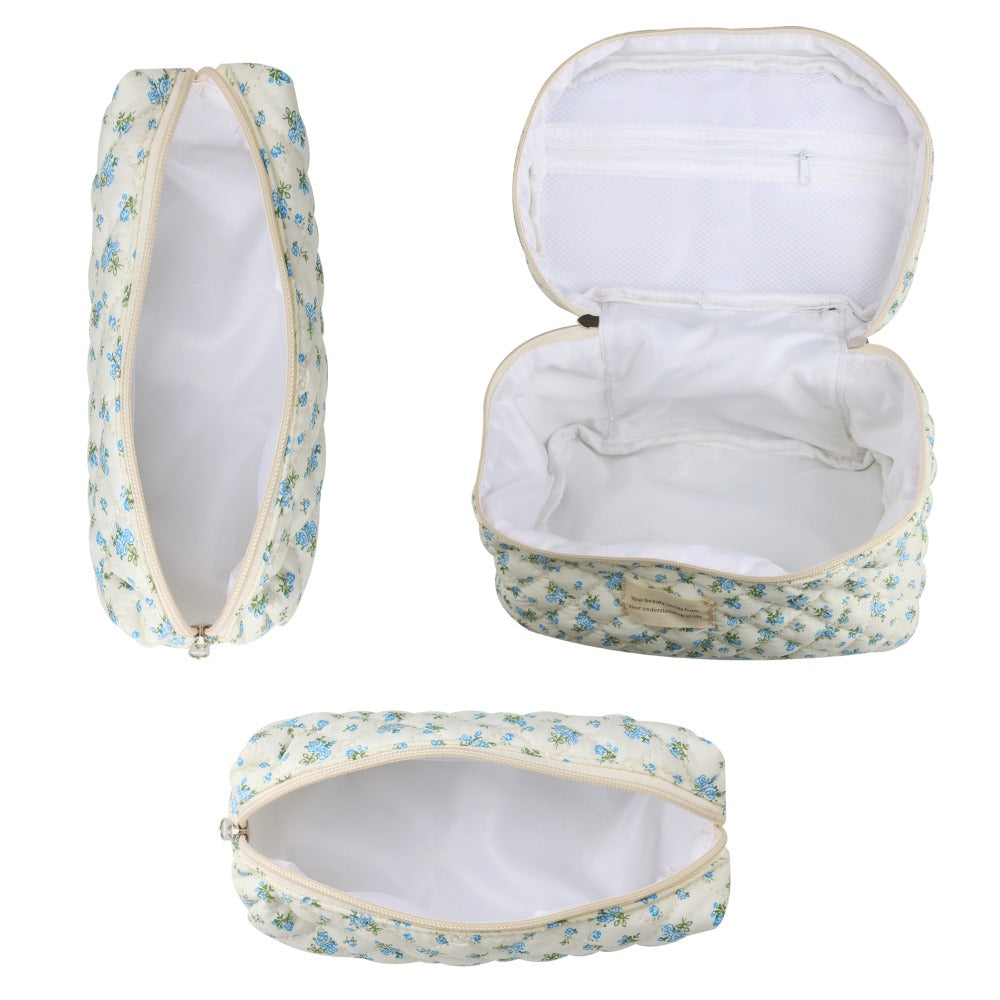 Large Capacity Dual Layer Cotton Makeup Cosmetic Bag (3PCS), Cute Quilted Travel Coquette Aesthetic Floral Make up Bag for Women Toiletry Bag (Blue Rose)