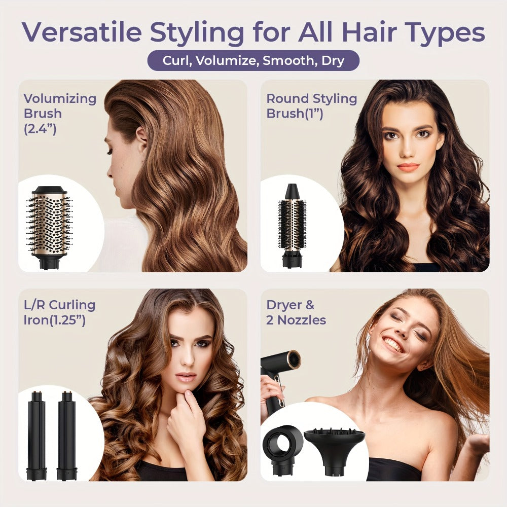 6-IN-1 Multi-Functional Hot Air Comb, Negative Ion Hair Dryer Brush And Styler, 110, 000 RPM High-speed, Frizz-free Hot Air for Rapid Drying, Air Styling Comb, Curling Iron, Straightener, Auto-winding Curling Rod, Foldable Handle, with A Storage Bag