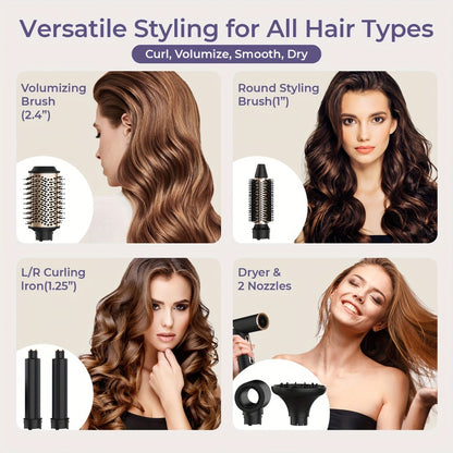 Hot Air Brush 6-in-1 Negative Ion Hair Dryer Bru1sh & Styler — 110,000 RPM High-Speed Blow Dryer Brush with Curling Iron, Straightener, Auto-Winding Curler & Foldable Handle