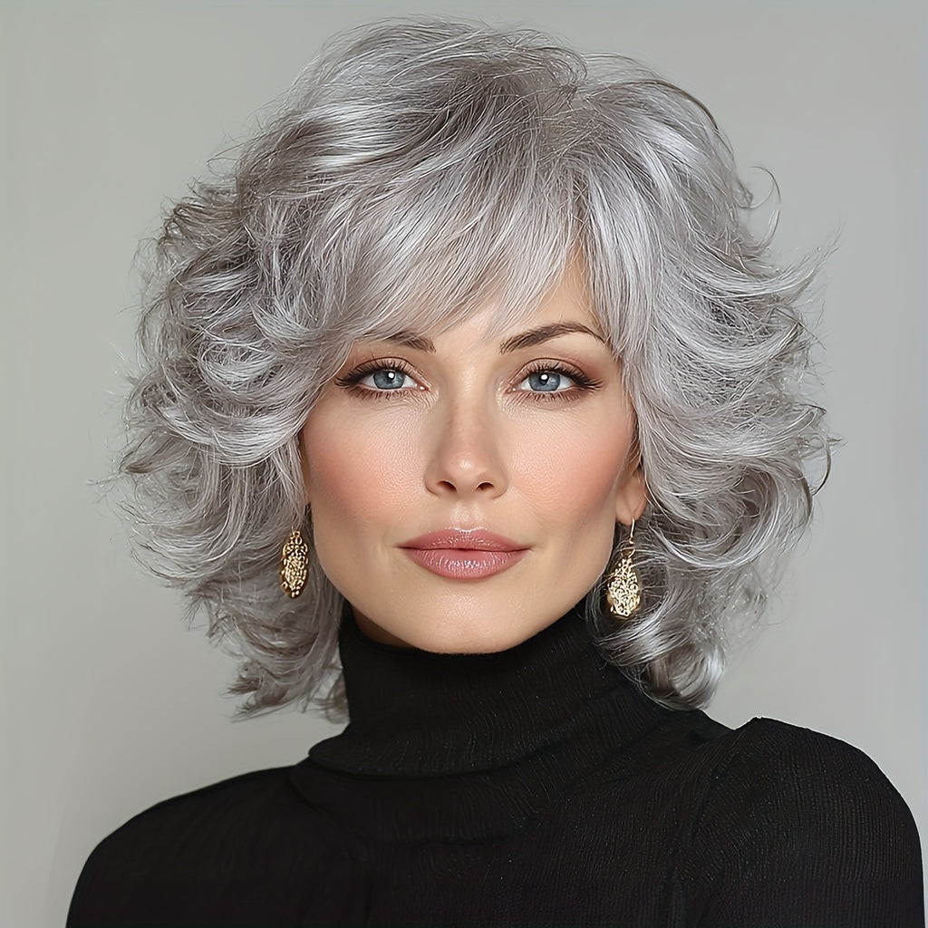 12-inch Women's Elegant Gray Bangs Curly Wig, Synthetic Fiber Wig with Rose Hair Net And High-Temperature Fibers Perfect for Cosplay, Parties, Halloween, Celebrations, And Casual Attire, Versatile for Any Occasion