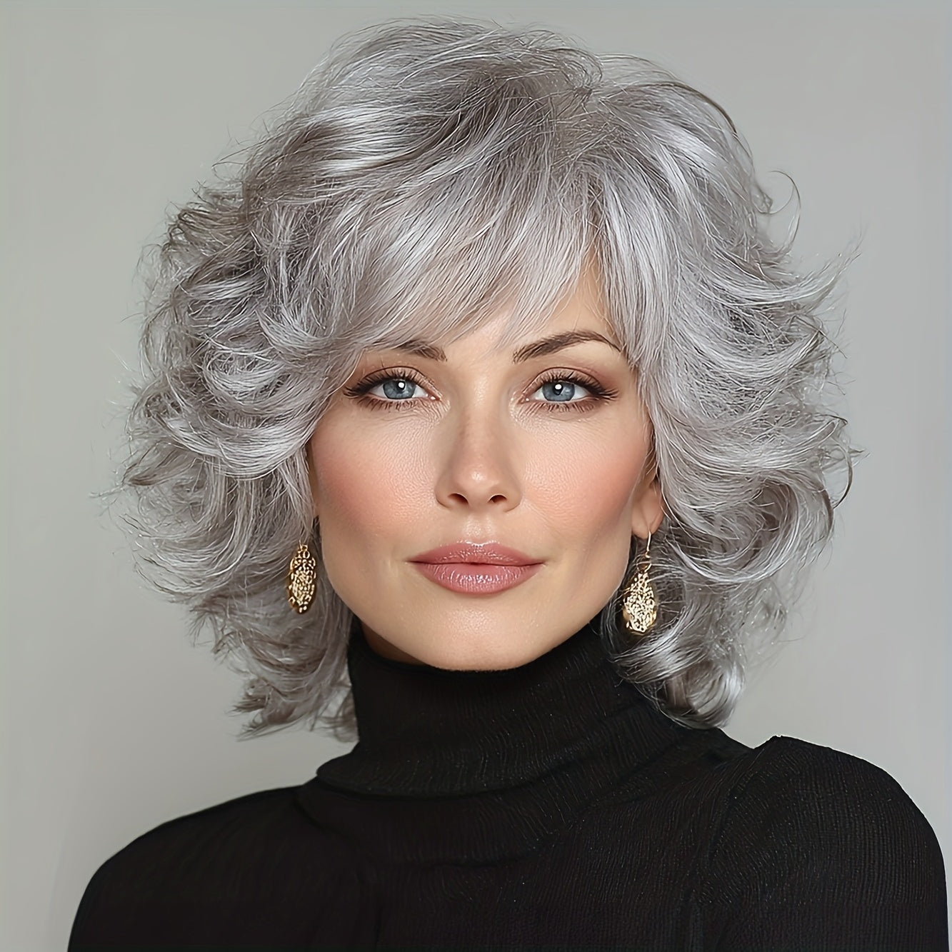 12-inch Women's Elegant Gray Bangs Curly Wig, Synthetic Fiber Wig with Rose Hair Net And High-Temperature Fibers Perfect for Cosplay, Parties, Halloween, Celebrations, And Casual Attire, Versatile for Any Occasion